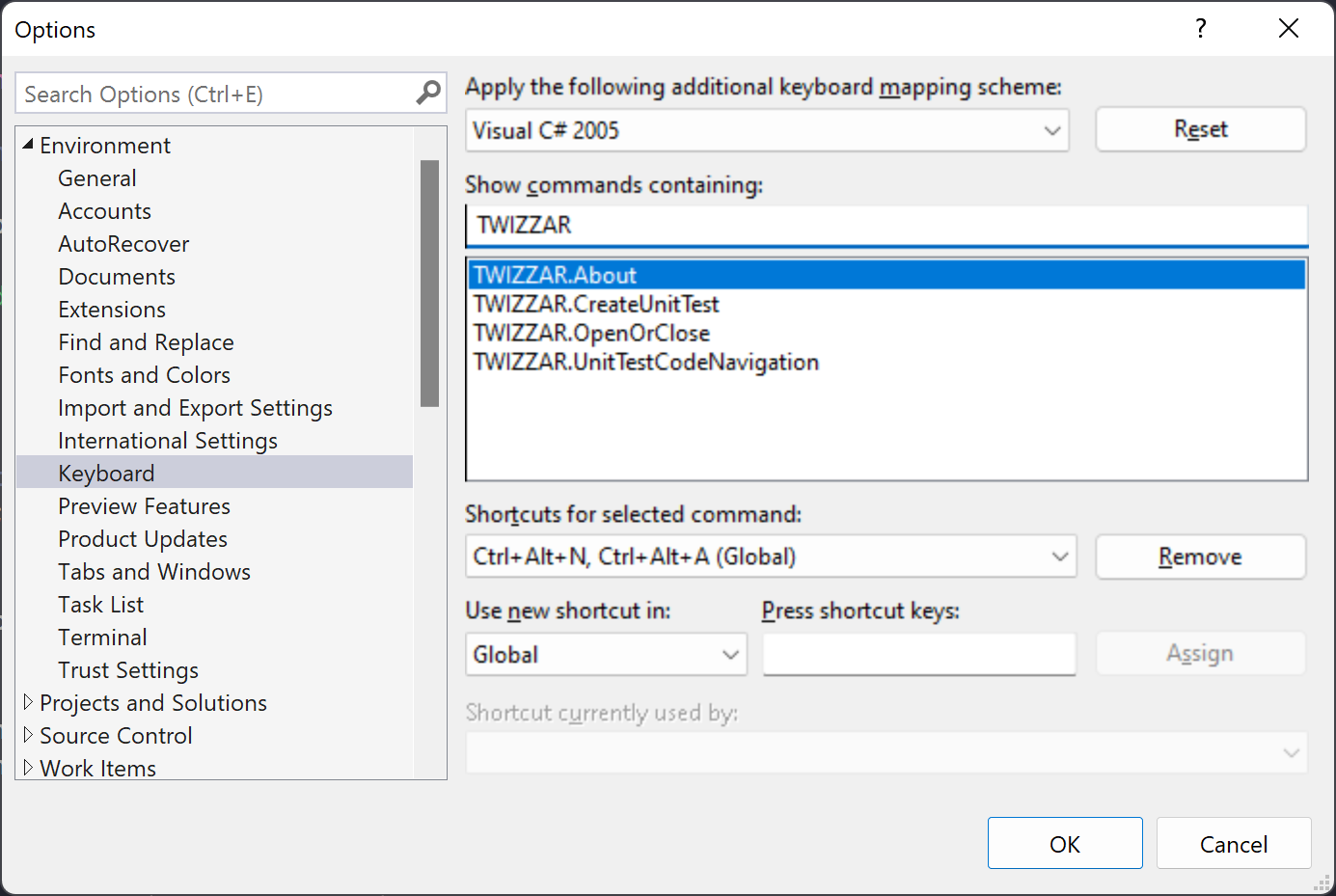 Open the options window of Visual Studio to set the TWIZZAR shortcuts.